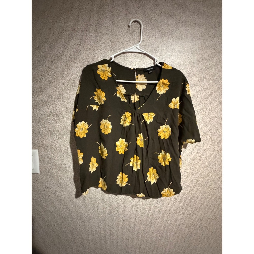 Madewell Women Floral V-Neck Short Sleeve Blouse Brown Yellow Size L